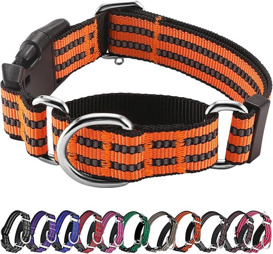 Hikiko Martingale Dog Collars Reflective Nylon Dog Collar with Quick Release Buckle Adjustable Training No Slip Dog Collar (Large, Orange)