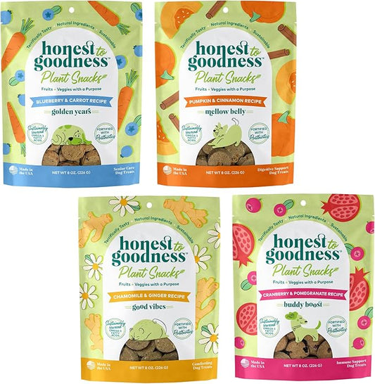 Honest to Goodness Plant Snacks Dog Treats, Dog Favorites Pack, 4 Flavors of 8oz Bags, Enriched with Omega 3s & Postbiotics