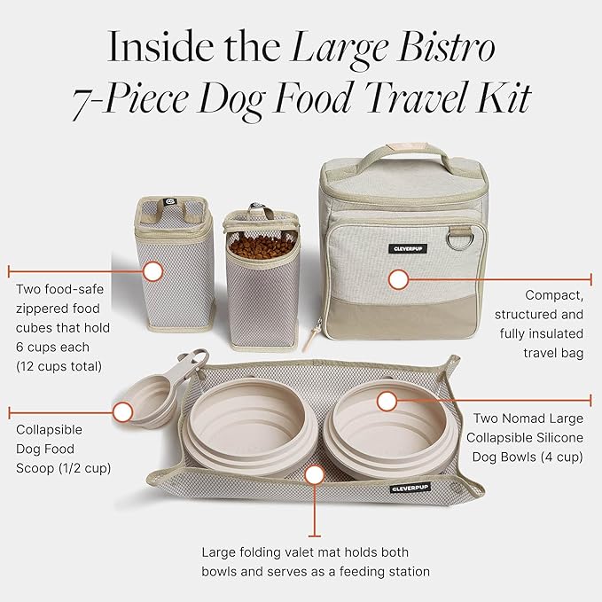 Large 7-Piece Bistro Box Dog Food Travel Kit, 12-Cup Kibble Storage, 2 Silicone Bowls, Mat & Scoop - Premium Portable Pet Food Kit for Weekends, Overnights, Daycare & Camping, Sand