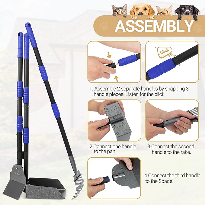 Heeyoo Dog Pooper Scooper, Dog Poop Tray and Rake Set, Pet Waste Removal Scoop with Long Adjustable Sectional Stainless Handles