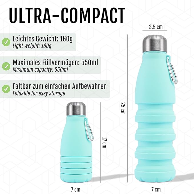 Foldable Drinking Bottle - BPA-free, leak-proof - Ideal festival accessory and practical outdoor companion with carabiner (Turquoise)