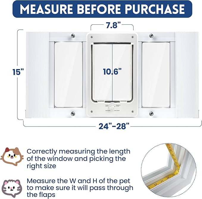 Full-Size Window Pet Door for Cats & Small Dogs, Width Adjustable Fits Sliding Windows, 10-Min Install, Aluminum Frame, HD High-Transparency Glass, Weatherproof Design, Magnetic Close