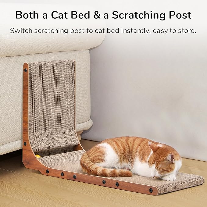 FUKUMARU Cat Scratcher, 26.8 Inch Cat Scratch Pad for Indoor Cats, L Shaped Cardboard Vertical Cats Scratching Board with Ball Toy, Walnut Color, 1 Pack