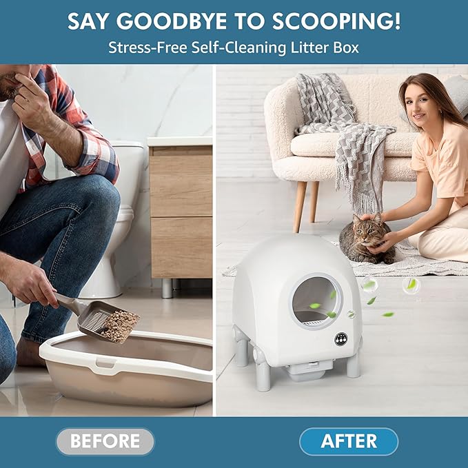 Self Cleaning Cat Litter Box, 68L/9L Large Capacity for Multiple Cats, Smart App Control No Scooping,Automatic Cat Litter Box Includes Garbage Bag (White)