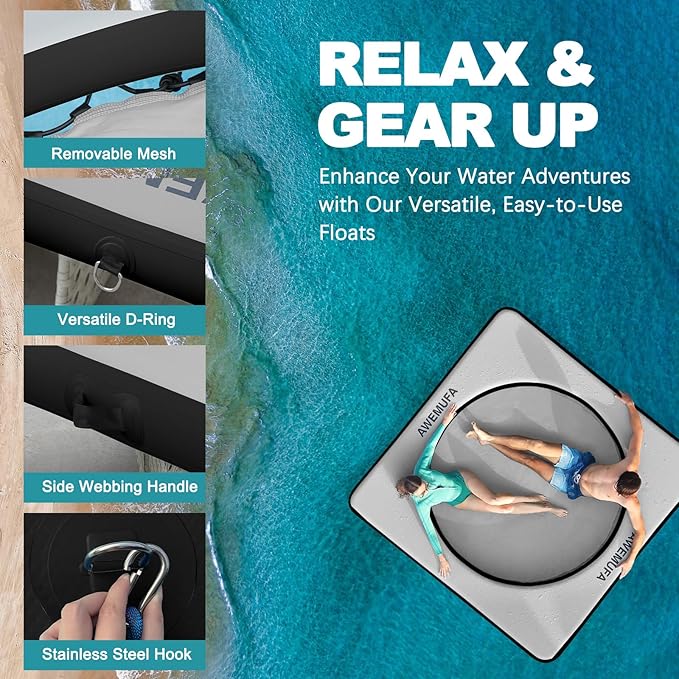 Inflatable Dock Floating Platform with Mesh, Heavy Duty Water Hammock Floats Floating Ring, Tanning Pool Hammock Inflatable Raft Mat Lake Floats for Adults Ocean