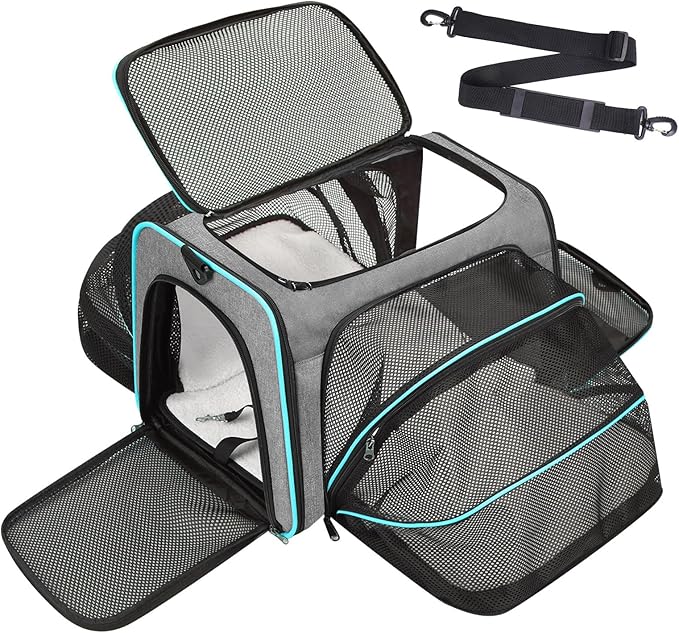 Expandable Cat & Dog Carrier, Large Expandable Collapsible Travel Bag with Safety Zippers, 3 Open Doors, Removable Fleece Pad for Puppies & Small Animals, Airline Approved