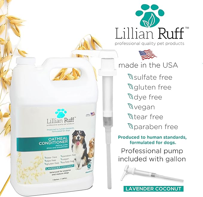 Lillian Ruff Calming Oatmeal Pet Conditioner for Dry Skin & Itch Relief with Aloe & Hydrating Essential Oils - Replenish Moisture & Deodorize - Dog Conditioner Normal/Sensitive Skin (Gallon & Pump)