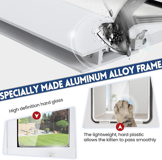 Full-Size Window Pet Door for Cats & Small Dogs, Width Adjustable Fits Sliding Windows, 10-Min Install, Aluminum Frame, HD High-Transparency Glass, Weatherproof Design, Magnetic Close