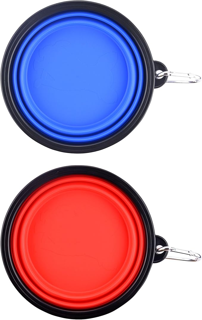 Large Collapsible Dog Bowls, 34oz Travel Water Food Bowls Portable Foldable Collapse Dishes with Carabiner Clip, 2 Pack (Blue + Red)