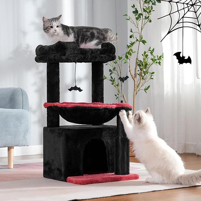Gothic Cat Tree 32 Inches Small Cat Tree for Large Cats Adult Cat Tower with Scratching Post,15.7”Large Hammock and Self Groomer, and Removable Top Perch and Wide Condo for Indoor Cat-Gothic