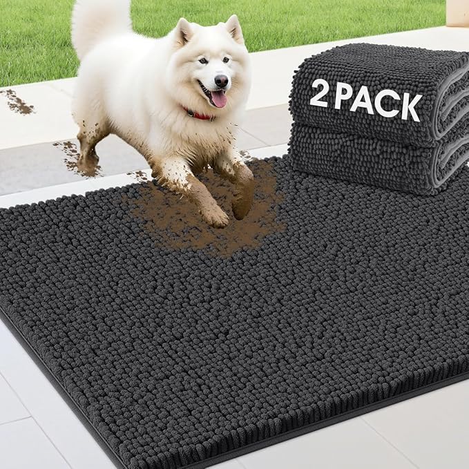 IM HOME 2 Pieces Muddy Door Mats for Dogs, Chenille Absorbent Pet Mats, Quick Dry, Trap Dirt Non Slip Heavy Indoor Doormat Soft Dog Bed Mat Front Inside Door Mat for Indoor Outdoor Entrance,Dark Grey