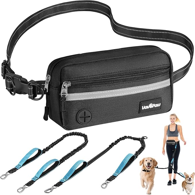 Hands Free Dog Leash, Shock Absorbing Waist Leash for Dog Walking, Jogging, Hiking, Adjustable Waist Belt with Fanny Pack & Handle, Reflective Pet Running Belt for 2 Small, Medium, Large Dogs