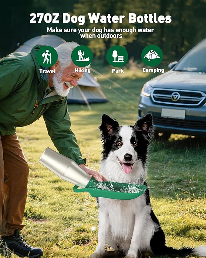 Portable Dog Water Bottle Bowl - 27 oz Travel Water Bowl Dispenser for Dogs, Stainless Steel Leak-Proof, A Must-Have for Outdoor, Camping, Walking, Beach, Hunting and Other Scenes （Green）