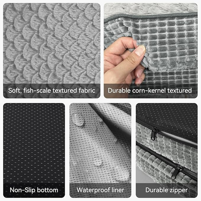 JOEJOY Orthopedic Dog Beds Large Sized Dog, Egg-Crate Memory Foam Pet Couch Bed with Bolster Sides, Waterproof Lining, Removable Washable Cover & Non-Slip Bottom, Light Grey