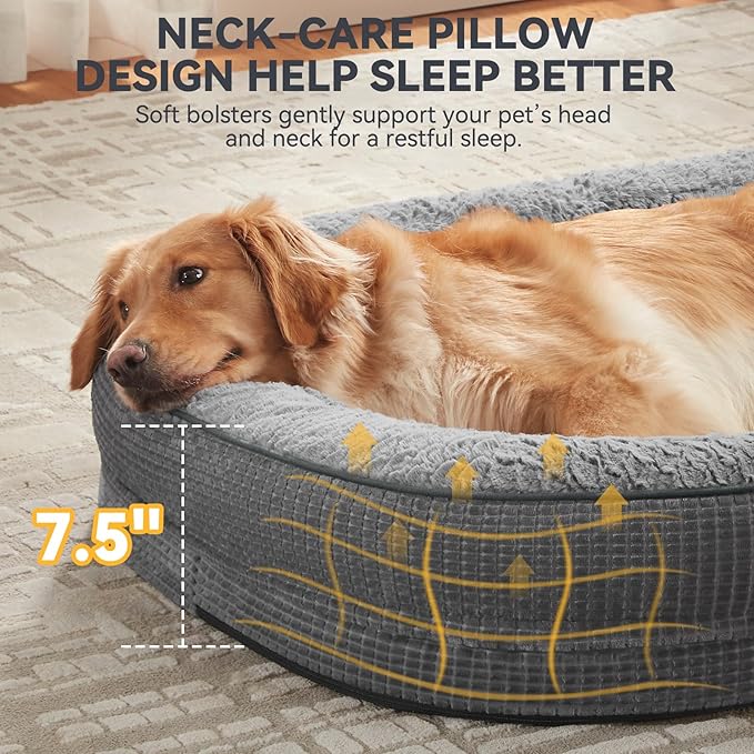JOEJOY Orthopedic Dog Bed for Large Dogs, Egg-Crate Memory Foam Pet Bed with Bolster Sides, Waterproof Lining, Removable Washable Cover & Non-Slip Bottom, Grey