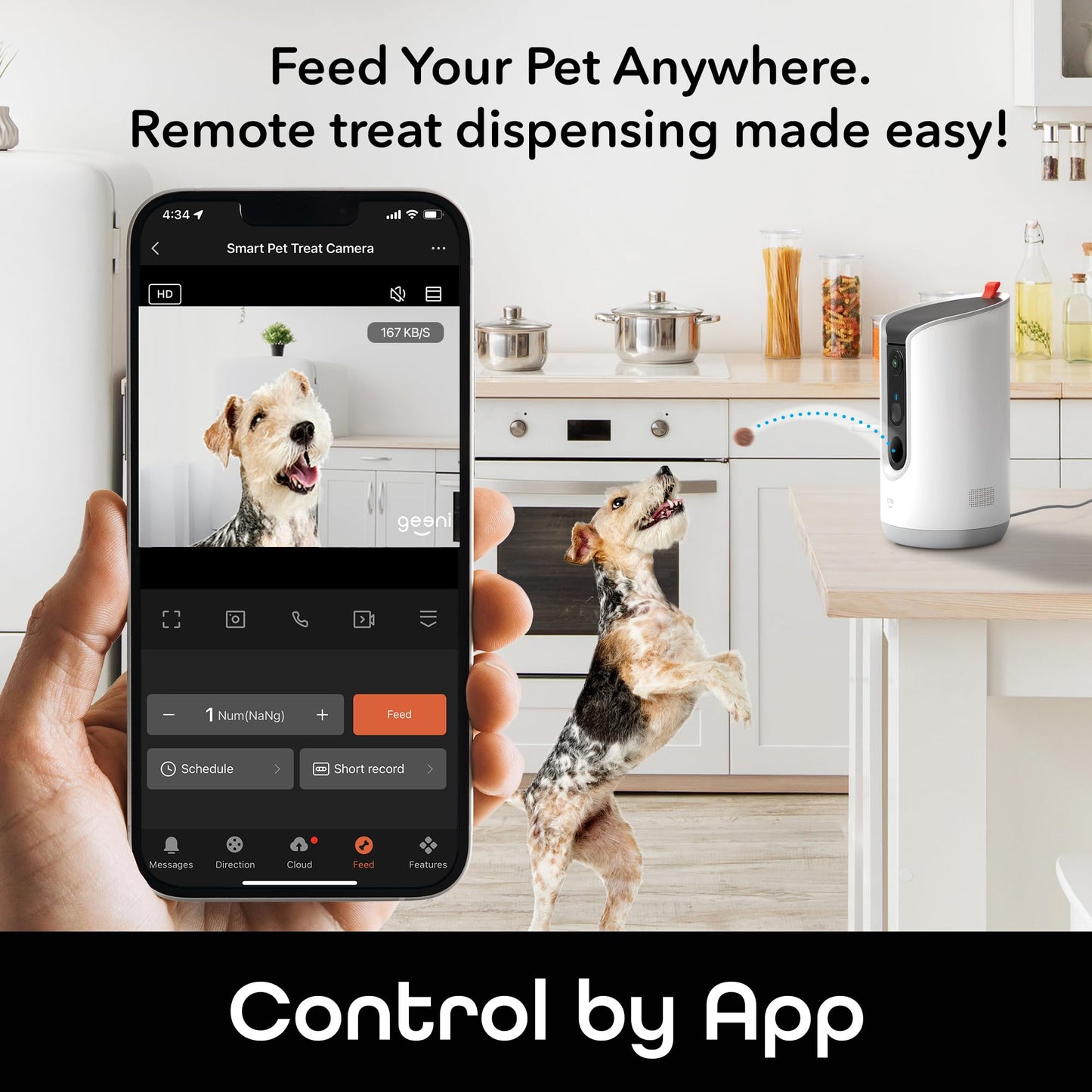 Geeni Pet Treat Dispenser with Camera - 2K HD WiFi Enabled, Dog and Cat Automatic Smart Feeder, Two-Way Audio, Night Vision, Auto-Follow, Remote Access with App, Alexa and Google Compatible, White