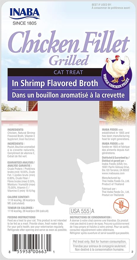 INABA Premium Hand-Cut Grilled Chicken Fillet Cat Treats/Topper with Vitamin E and Green Tea Extract, 0.9 Ounces Each, Pack of 6, Shrimp Broth