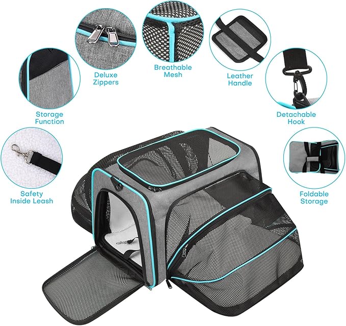 Cat Dog Carrier Bag - Expandable Soft-Sided Travel Pet Carrier with Ventilated Mesh, Fleece Pad, 18x11x11 Inch for Kitten, Rabbit, Puppy,Guinea Pig, Small Animal, Airline Approved