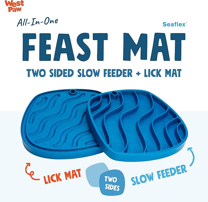West Paw Seaflex Waves Feast Mat – All-in-One, Slow Feeder, Lick Mat – Encourages Foraging & Food Exploration - Engages Picky Eaters & Slow Feeding - Versatile – Easy to Clean, Non-Toxic - Marine