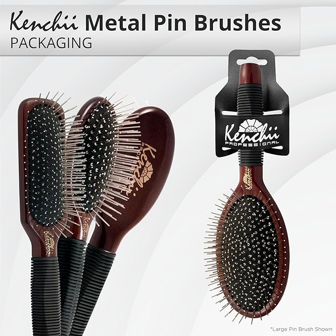 Kenchii Pet Grooming Metal Pin Brush | Solid Wood, Non-Slip Grip Detangling and Shedding Tool for Long or Short Haired Pets - Large Oblong Size