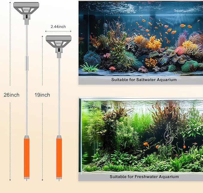 FZONE Algae Scraper for Glass Aquariums, 19''-26'' Detachable Length, 2-in-1 Fish Tank Cleaning Kit with Brush Head and 5 Stainless Steel Blades