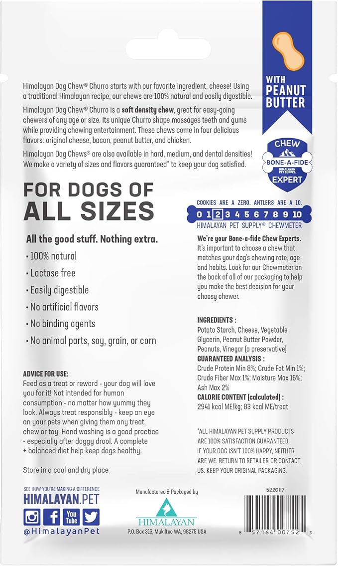 Himalayan Dog Chew Churro Yak Cheese Dog Chews, 100% Natural, Long Lasting, Gluten Free, Healthy & Safe Dog Treats, Lactose & Grain Free, Protein Rich, Real Peanut Butter Flavor, 4 Churros Per Pouch
