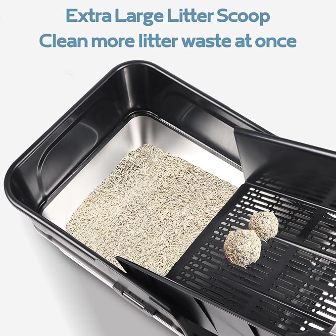 Stainless Steel Litter Box XXL, Extra Large 23.6“L x 15.8”W x 11.8" H High Sided Metal Cat Litter Box with One-Piece Scoop, Filter Pedal, Garbage Bags & Storage Box, Easy Cleaning (Black)