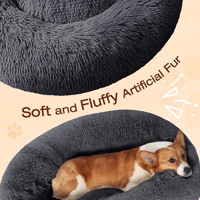 JOLLYVOGUE Dog & Cat Bed, Calming Anti-Anxiety Pet Bed for Small Dogs, Fluffy Donut Cushion for Small and Medium Pets (20")