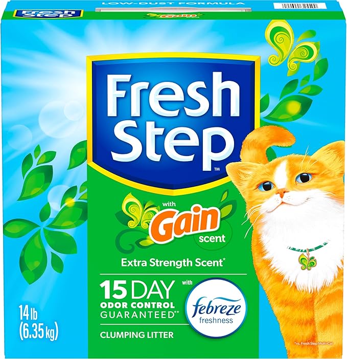Fresh Step Clumping Cat Litter with Febreze Gain Scent, Long Lasting Odor Control Kitty Litter with Activated Charcoal, Low Dust Formula, 14 lb