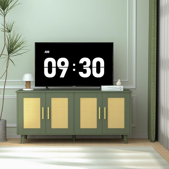 Homhedy Boho Cat Litter Box Enclosure for 2 Cats, Wooden Cat Washroom Furniture with Double Rattan Decorated Doors, Pet House,47.2”L x 19.7”W x 21.7”H, Green