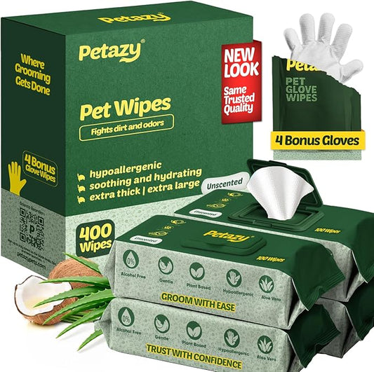 400 Dog Wipes for Paws and Butt Ears Eyes | Organic Pet Wipes for Dogs | Unscented Dog Wipes Cleaning Deodorizing | Extra Thick Paw Wipes for Dogs Cats Pets | Bonus Glove Wipes Included