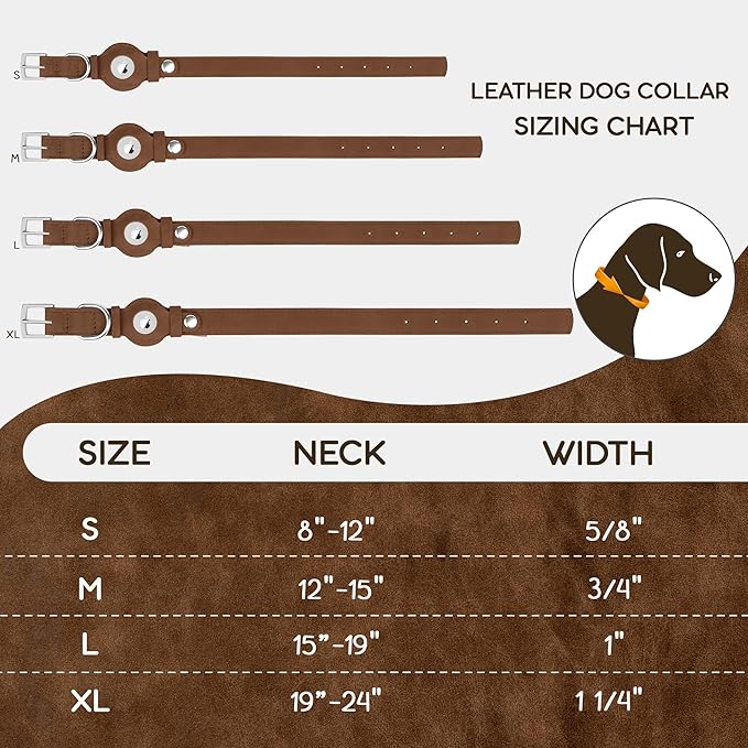 Leather Dog Collar with Airtag Holder - Apple AirTag Dog Collars - Soft Tracking Smart GPS Pet Collar for Small Medium Large Dogs Puppy (Tawny, M, 12"-15" Neck Fit)