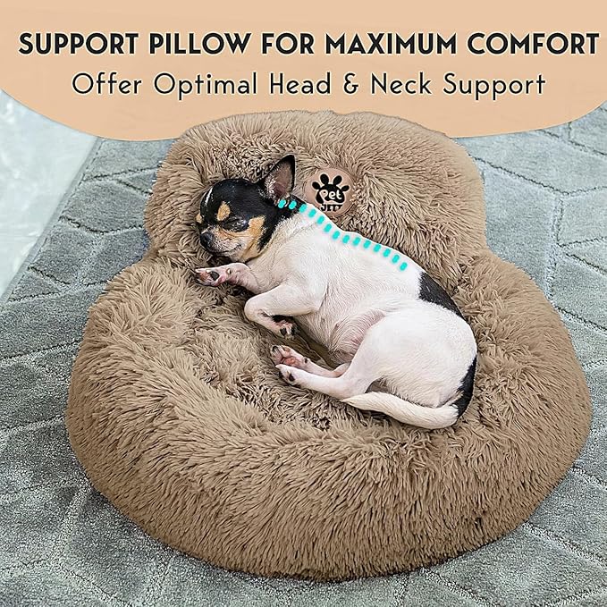 PetJett Calming Dog Bed for Small Dogs – 23" Donut Dog Beds, Anti-Slip & Washable Fluffy Plush Faux Fur Pet Bed, Anti-Anxiety Premium Comfort Round Puppy Bed, Fits Dogs up to 25 lbs – Beige