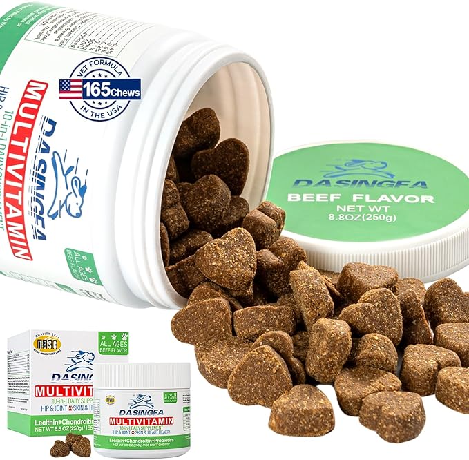 10-in-1 Dog Multivitamin Supplement, Calming Chews with Chondroitin & Probiotics, Mega Pack 8.8oz/250g (165 Chews), Supports Joint Health & Calming, Beef Flavor