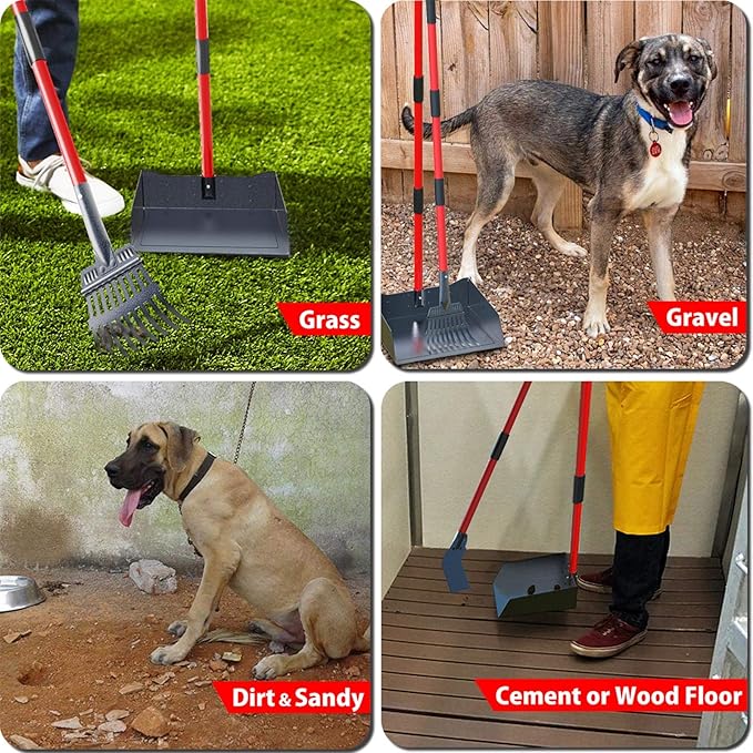 Larger Heavy Duty Pooper Scooper for Dogs-Rake, Spade,Tray Set with Long Handle,No Bend Down Easy Cleanup,Great for Yard Grass Gravel Dirt,Use for Large Small and Multi Dogs