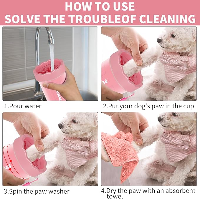 Comotech Dog Paw Cleaner, Portable Dog Paw Washer Pet Cleaning Silicone Brush with 3 Absorbent Towel, Pet Foot Cleaner for Small Breed Dogs (with 3 absorbent towel) (Light Pink, Small)