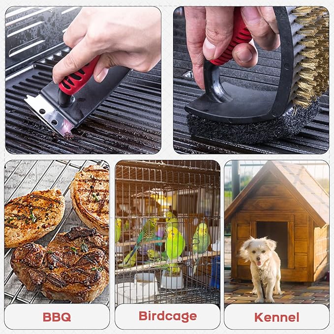 QBLEEV Bird Cage Cleaner, Stainless Steel Triangle Brush Set, Multi-Function Copper Bristle, Lightweight & Durable, Includes Cleaning Brush, Red