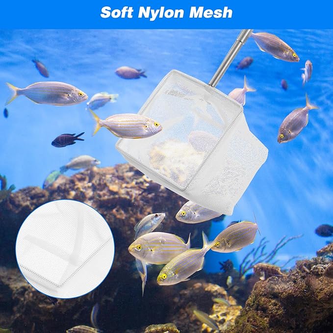 Fish Net for Fish Tank, 2 Pcs Aquarium Square Round Fishs Net Fine Mesh Fishs Nets Nano Nylon Nets with Extendable Stainless Steel Handle for Small Fishes Tank Aquarium Accessories (White)