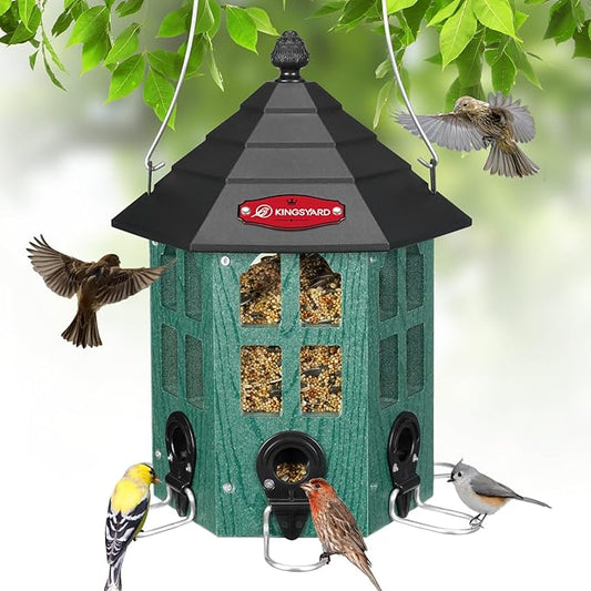 Kingsyard Wild Bird Feeder for Outdoor Hanging, Recycled Plastic Bird Feeders with 6 Ports & U-Shape Perch, Garden Yard Outside Decoration, 3.5 lbs Seed Capacity, Green