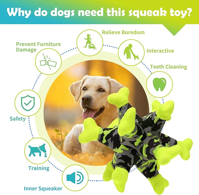 Dog Chew Squeaky Toys, Dog Teeth Cleaning Toy, Tug of War, Stuffed Jack Bone Toy with Squeakers, Interactive Toy for Small Medium Large Dogs,Green