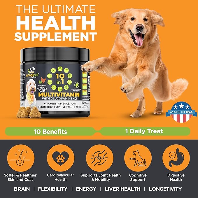 Googipet Premium 10 in 1 Dog Vitamins Multivitamin Chewable with Probiotics for Gut Health, Dog Vitamins and Supplements w/Vitamin C & Glucosamine for Joint Support (Chicken & Vegetable Flavor)