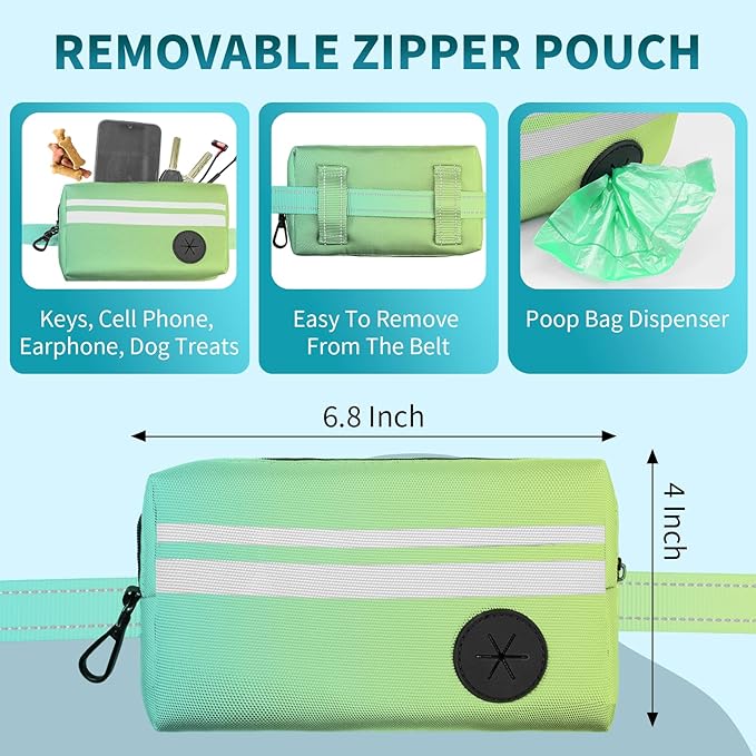 Hands Free Dog Leash with Removable Zipper Pouch, Dual Padded Handles and Durable Bungee for Walking, Jogging and Running-Cyan