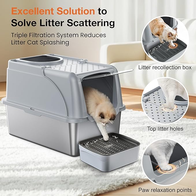 Stainless Steel Litter Box, XXL Large Metal Covered Litter Boxes, Dual Entrance Detachable Cat Litter Box with Lid, 16.6'' High Wall Urine Leak Prevention with Cat Litter Scoop (Gray)