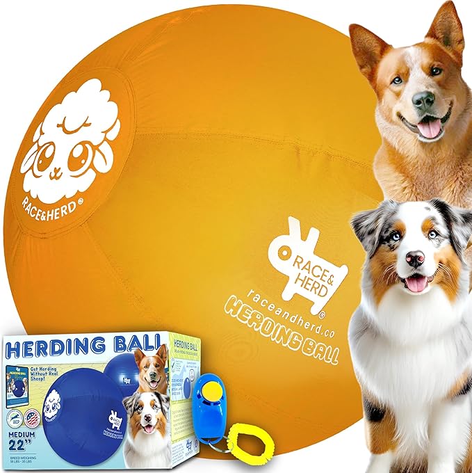 Race&Herd 22" Original XXL Herding Ball for Dogs - Giant Herding Dog Ball Australian Shepherds, Herding Toys, Dog Training Toy for Large Breeds, Dog Toy for Outdoor Play (Small/Medium Dogs, Yellow)