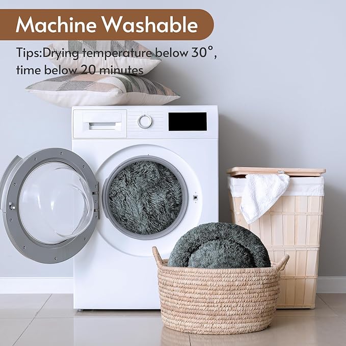 JOLLYVOGUE Calming Dog & Cat Bed for Small Dogs, Anti-Anxiety Donut Cuddler Cozy Soft Round Bed with Anti-Slip Bottom, Fluffy Faux Fur Plush Cushion Beds for Small Medium Dogs (20")