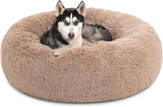 Bedsure Calming Dog Beds Large Sized Dog - Donut Washable Large Pet Bed, 36 inches Anti-Slip Round Fluffy Plush Faux Fur Dogs Bed, Fits up to 80 lbs Pets, Camel