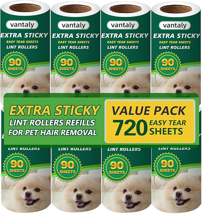 Extra Sticky Lint Roller Refills, 8 Pack with 720 Sheets Total, Pet Hair Remover for Clothes, Car, Furniture (720 Refills)