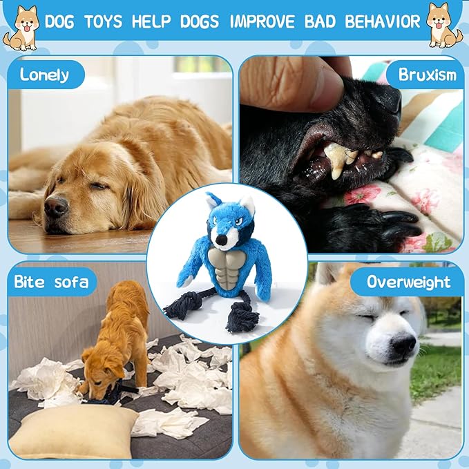 Wolf Rope Tug Toy with Muscle & Squeaker - Durable Plush Chew Toy for Aggressive Chewers, Interactive for Small Medium Large Dogs