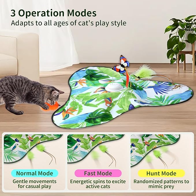 4-in-1 Interactive Cat Toy, Hide and Seek Cat Toys for Indoor Cats, Automatic Cat Kitten Toys with Moving Concealed Feathers, Fluttering Butterfly, Lifelike Sounds,Touch Activated, USB Rechargeable