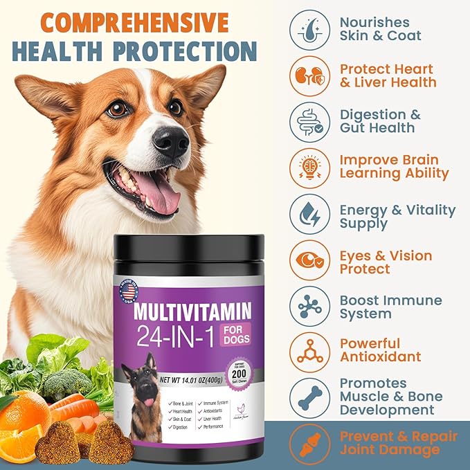 24-in-1 Dog Vitamins and Supplements 200 Ct Dogs Multivitamin Chewable Contain Chondroitin Probiotics Omega-3 Glucosamine for Dogs Skin Coat Heart Joint Gut Digestion Liver Brain Eyes Immune Support